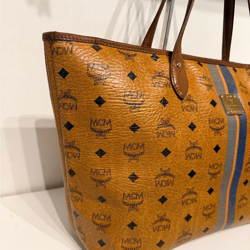 MCM Tan Tote with Blue Stripes - Picture 3 of 11